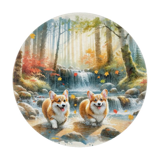 Corgi Dogs In A Woodland Stream With Fall Colours Cutting Board (Front)