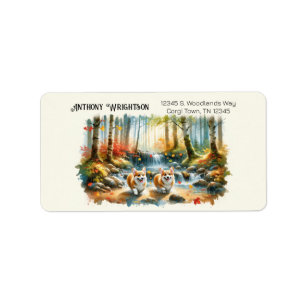 Corgi Dogs In A Woodland Stream With Fall Colours Label