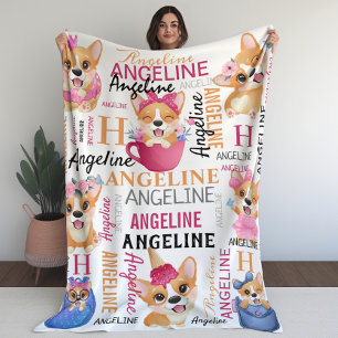 Corgi Dogs Personalised Name Collage Fleece Blanket