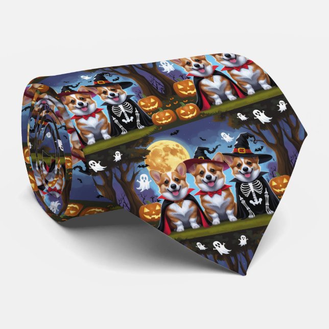 Corgi Dogs Pumpkin Halloween Funny Tie (Rolled)