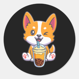 Corgi Drinking Boba Bubble Tea Drink Dog Anime Kaw Classic Round Sticker
