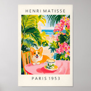 Corgi Drinking Coffee, Funny Dog Print, Pink Kitch Poster