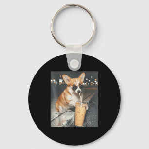 Corgi drinking iced coffee funny animal meme corgi key ring