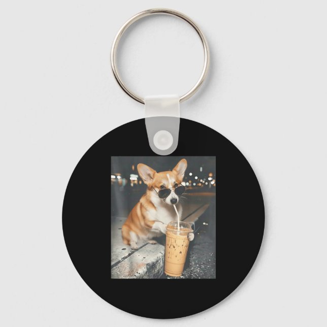 Corgi drinking iced coffee funny animal meme corgi key ring (Front)
