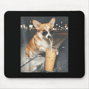 Corgi drinking iced coffee funny animal meme corgi mouse mat