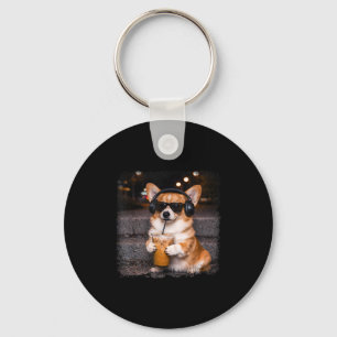 Corgi drinking iced coffee lover humour funny meme key ring