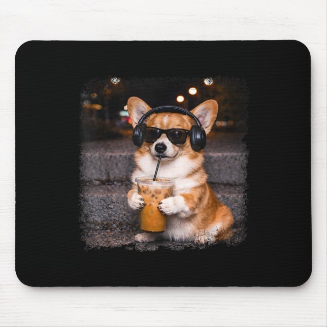 Corgi drinking iced coffee lover humour funny meme mouse mat (Front)