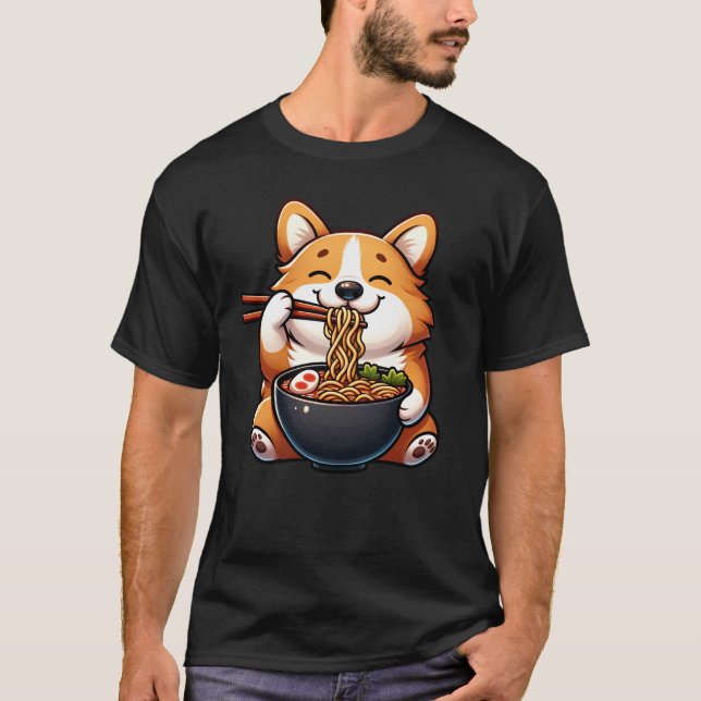 Corgi Eating Ramen Noodle Anime Kawaii Japanese T-Shirt (Front)