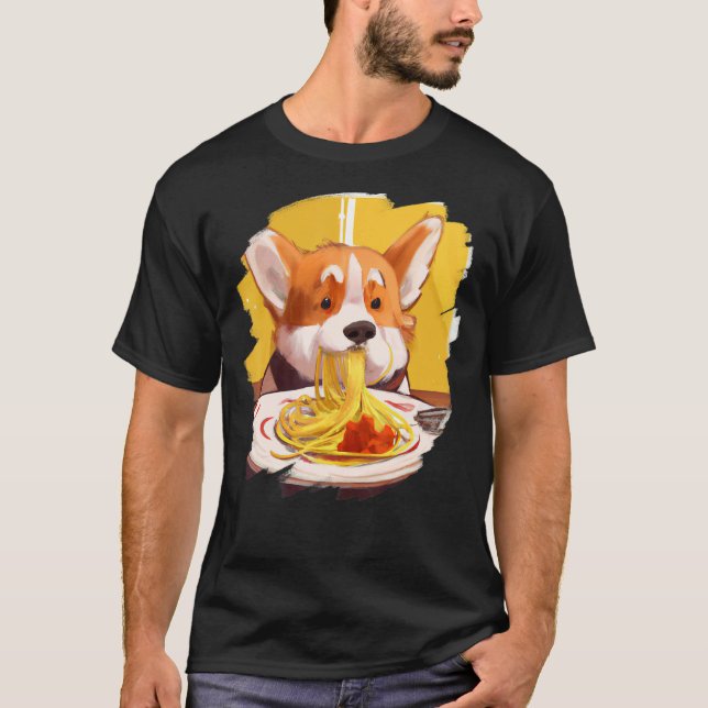 Corgi Eating Spaghetti Pasta  Dog Italian Food T-Shirt (Front)