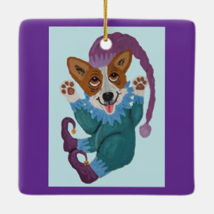 Corgi elf ceramic ornament