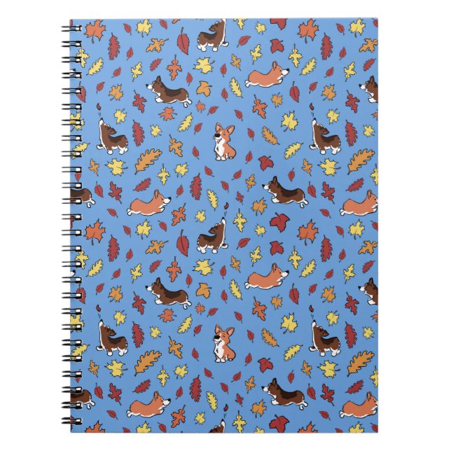 Corgi Fall Leaves Blue Plain Notebook (Front)