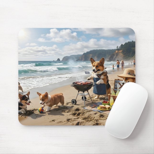 Corgi Family at the Beach Mouse Mat (With Mouse)