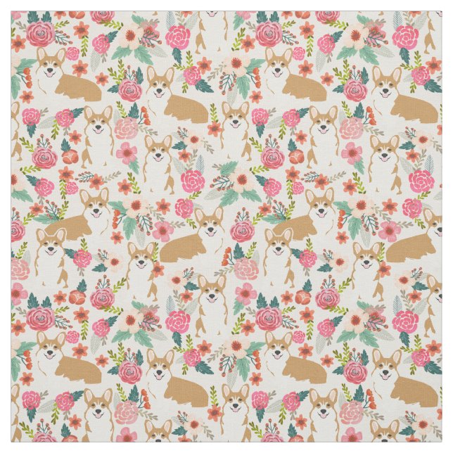 Corgi floral fabric  - cream (Swatch)
