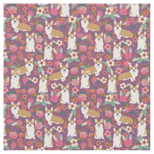 Corgi floral fabric  - purple (Close Up)