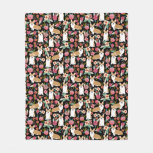 Corgi florals black fleece blanket