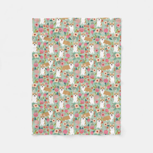 Corgi florals blanket - mint (Front)