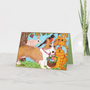 Corgi & Friends with Egg Basket Folk Art Easter Holiday Card