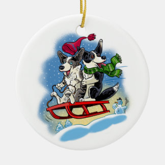 Corgi fun in the snow ceramic tree decoration