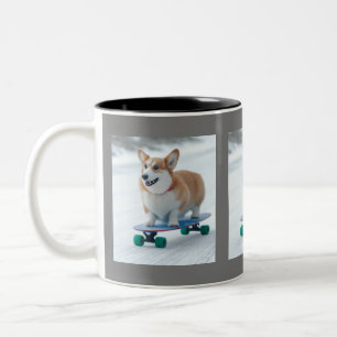 Corgi fun skateboarding Two-Tone coffee mug
