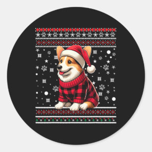 Corgi Funny Ugly Buffalo Plaid Santa Hat Christmas Classic Round Sticker