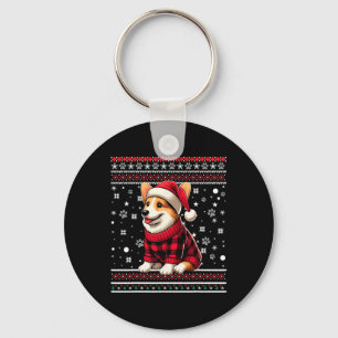 Corgi Funny Ugly Buffalo Plaid Santa Hat Christmas Key Ring