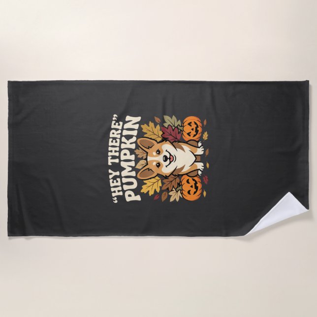 Corgi Halloween Hey There Pumpkin Design Beach Towel (Front)