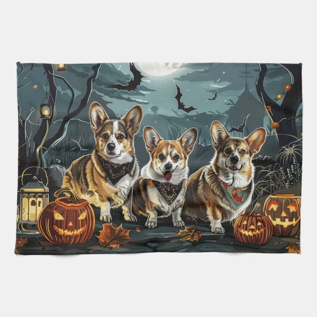 Corgi Halloween Spooky Tea Towel (Horizontal)