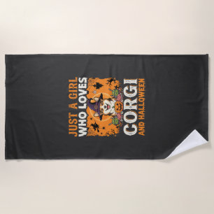 Corgi Halloween Witch Girl Vintage Horror Beach Towel
