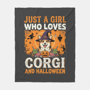 Corgi Halloween Witch Girl Vintage Horror Fleece Blanket