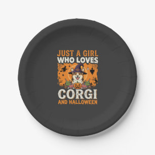 Corgi Halloween Witch Girl Vintage Horror Paper Plate