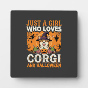 Corgi Halloween Witch Girl Vintage Horror Plaque