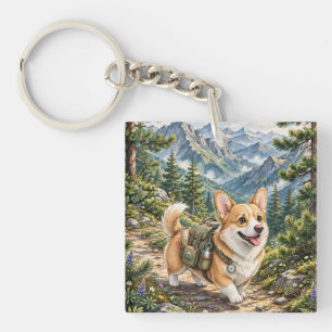 Corgi Hiking in Mountains Watercolor Acrylic Chain Key Ring