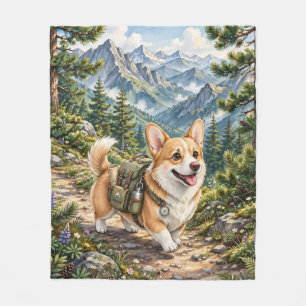 Corgi Hiking in Mountains Watercolor Fleec Blanket