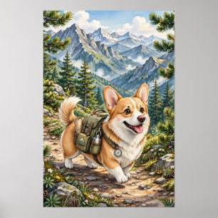 Corgi Hiking In Mountains Watercolor Poster