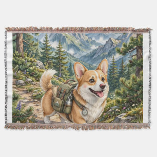 Corgi Hiking in Mountains Watercolor Throw Blanket