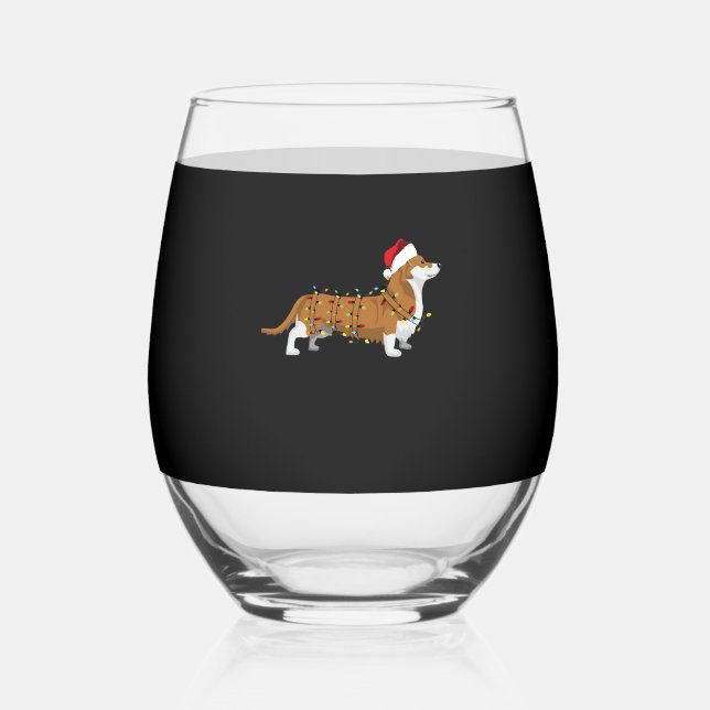 Corgi Holiday Christmas Light Essential T-Shirt Stemless Wine Glass (Front)