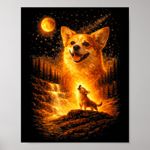 Corgi howling to the moon vintage 90s funny dog poster