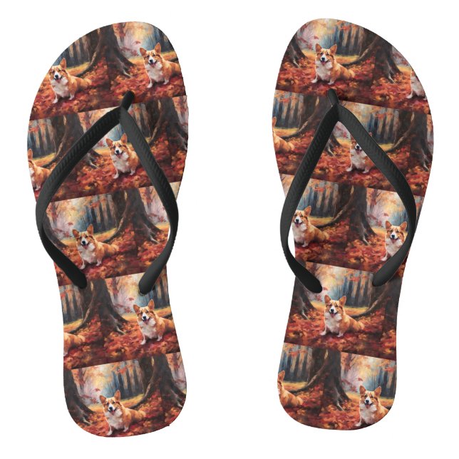 Corgi in Autumn Leaves Fall Inspire Flip Flops (Footbed)