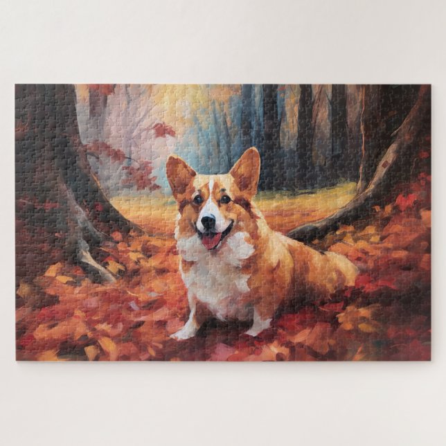 Corgi in Autumn Leaves Fall Inspire Jigsaw Puzzle (Horizontal)