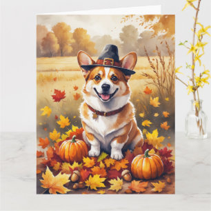 Corgi In Autumn Leaves Thanksgiving Art Card