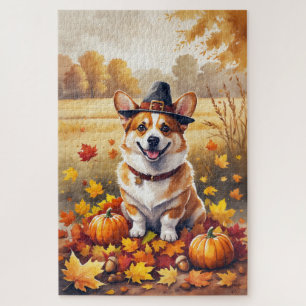 Corgi In Autumn Leaves Thanksgiving Art Jigsaw Puzzle