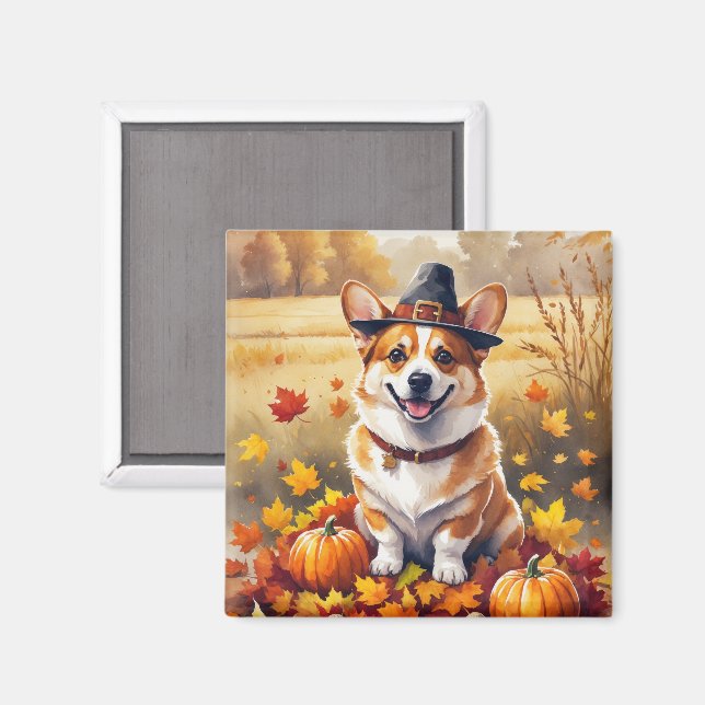 Corgi In Autumn Leaves Thanksgiving Art Magnet (Front/Back)