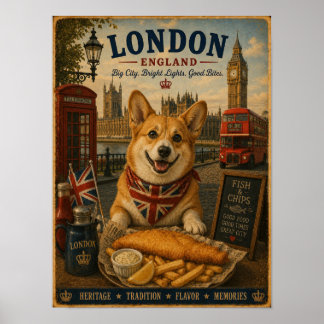 Corgi in London Vintage Travel Poster