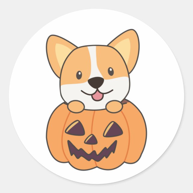 Corgi In Pumpkin Cute Dogs Happy Halloween Classic Classic Round Sticker (Front)