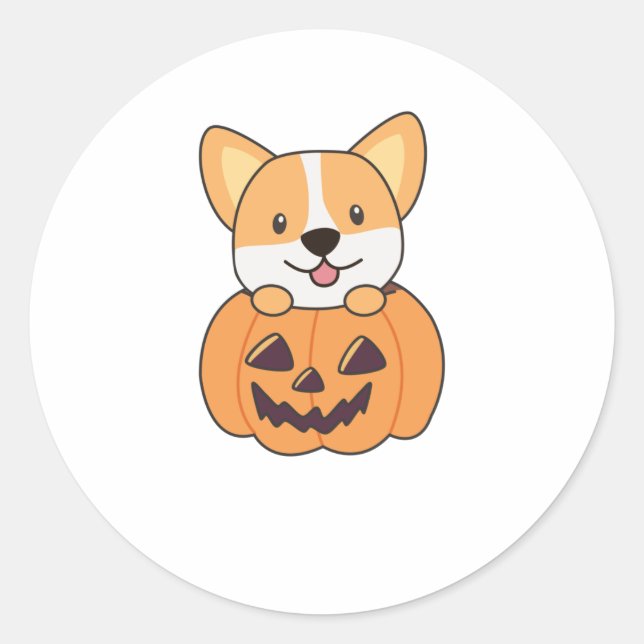Corgi In Pumpkin Cute Dogs Happy Halloween Classic Round Sticker (Front)