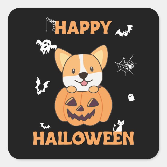 Corgi In Pumpkin Cute Dogs Happy Halloween Square Sticker (Front)