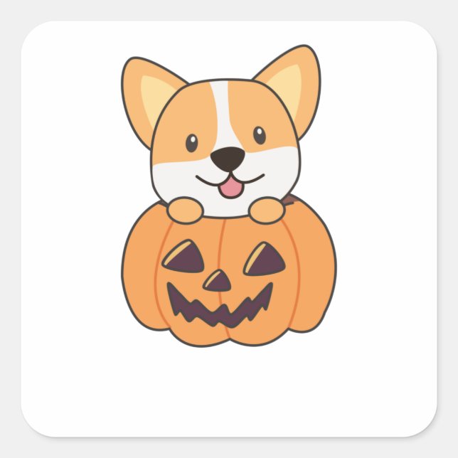 Corgi In Pumpkin Cute Dogs Happy Halloween Square Sticker (Front)