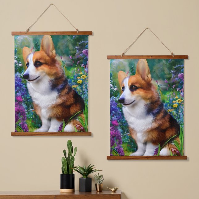 Corgi in the Garden Hanging Tapestry (Asymmetrical)