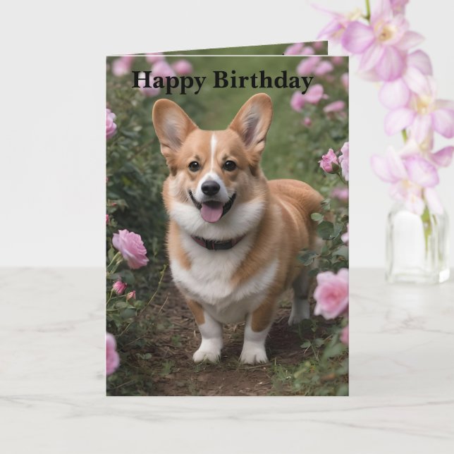Corgi In The Pink Roses, Birthday Card (Orchid)