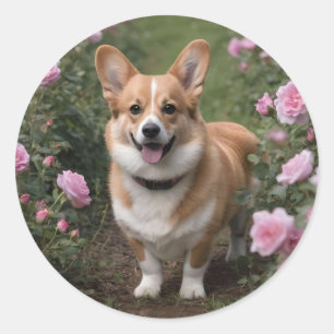 Corgi In The Pink Roses, Classic Round Sticker